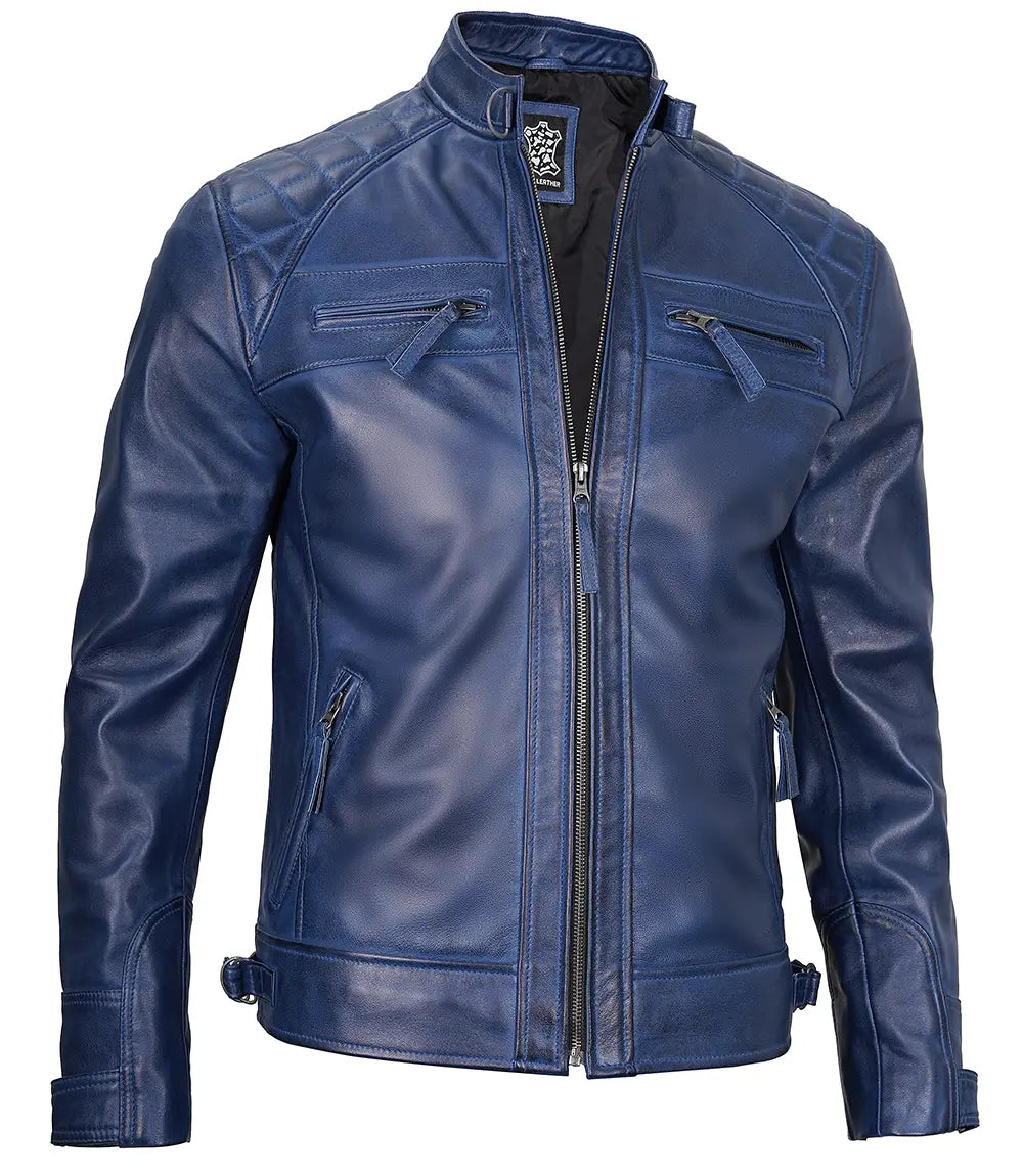 veste en cuir bleue matelassée pour homme