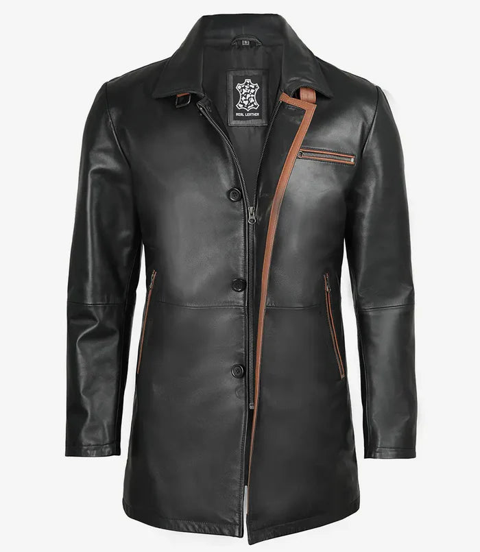 Manteau en cuir véritable noir pour homme Glen