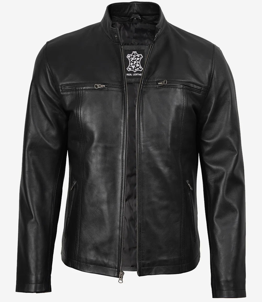 veste en cuir noire à capuche pour homme