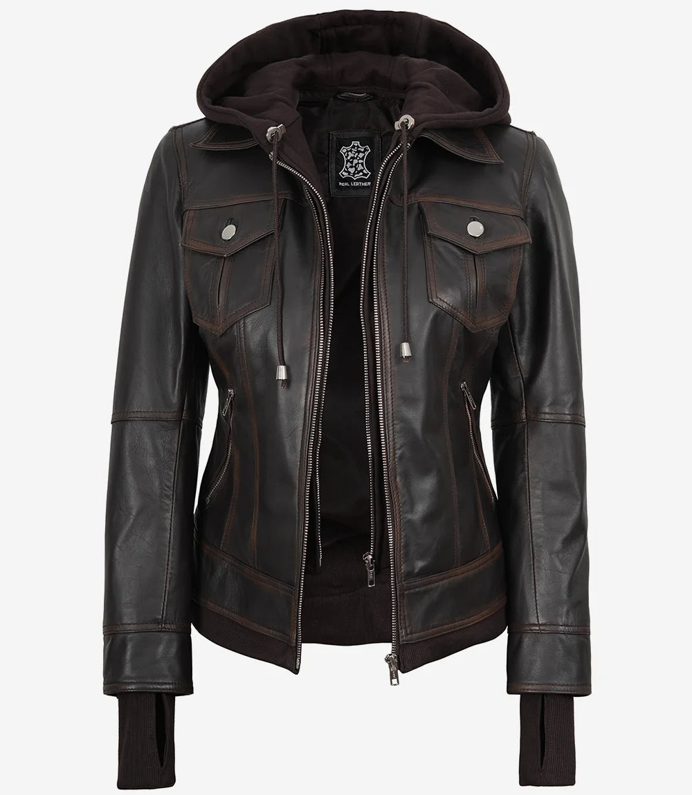 Blouson aviateur en cuir marron foncé Tralee pour femme avec capuche