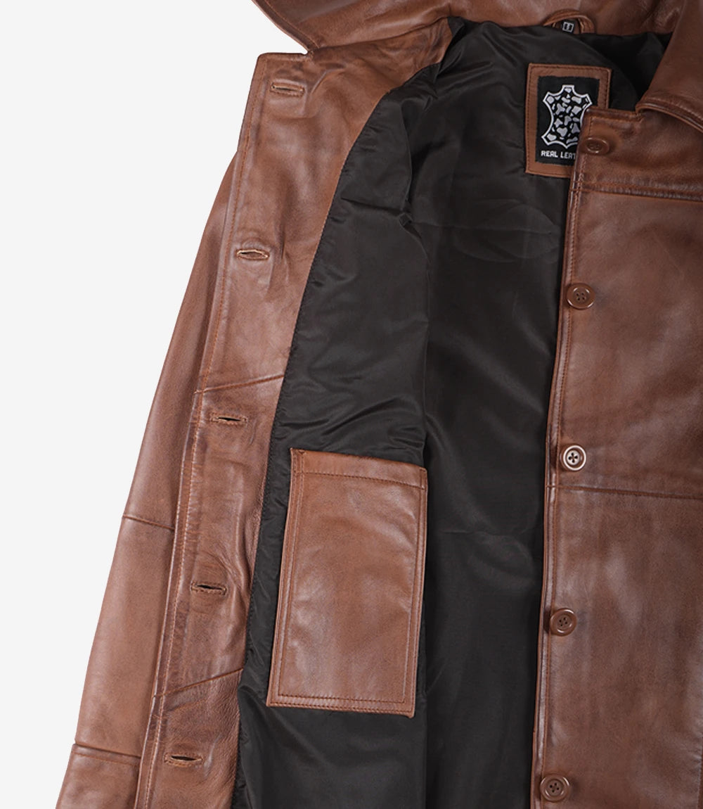 Manteau de voiture en cuir cognac pour femme grande