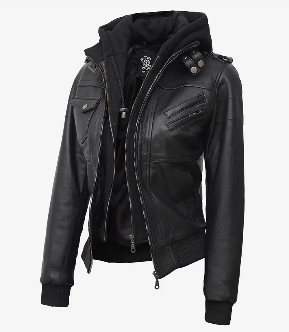 Blouson aviateur en cuir noir pour femme Edinburgh avec capuche amovible