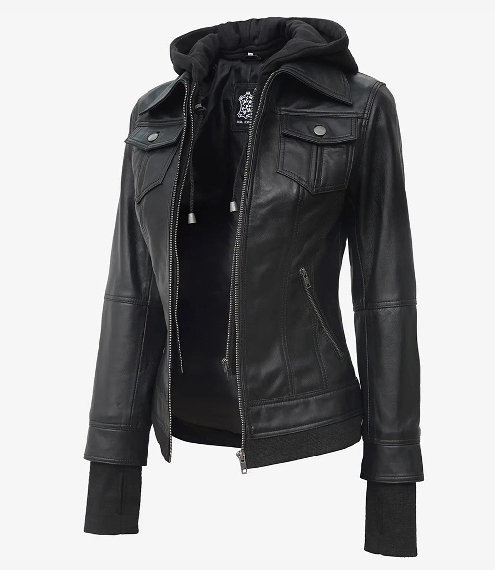 Veste de moto en cuir noir avec capuche pour femme