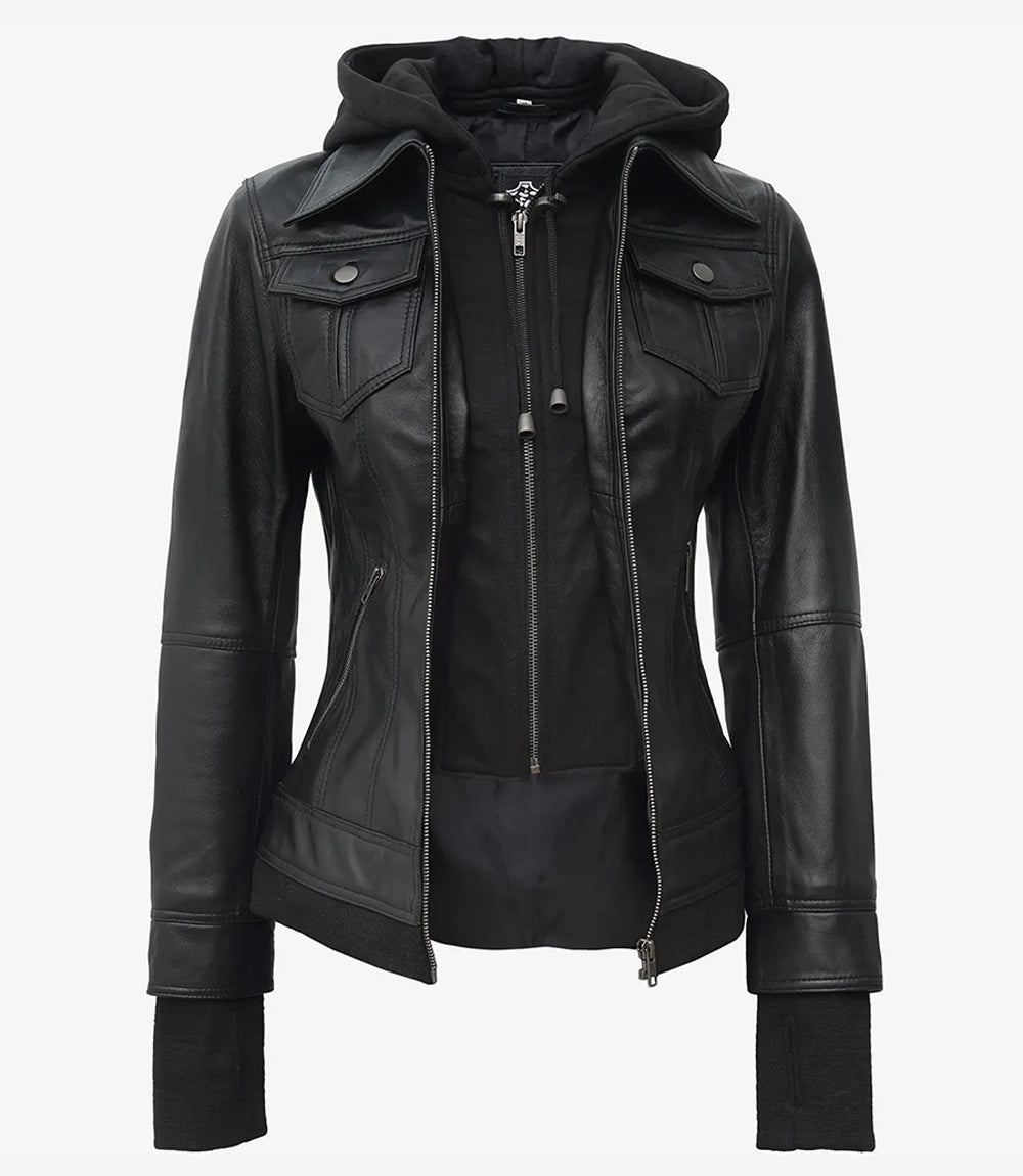 Veste de moto en cuir noir avec capuche pour femme
