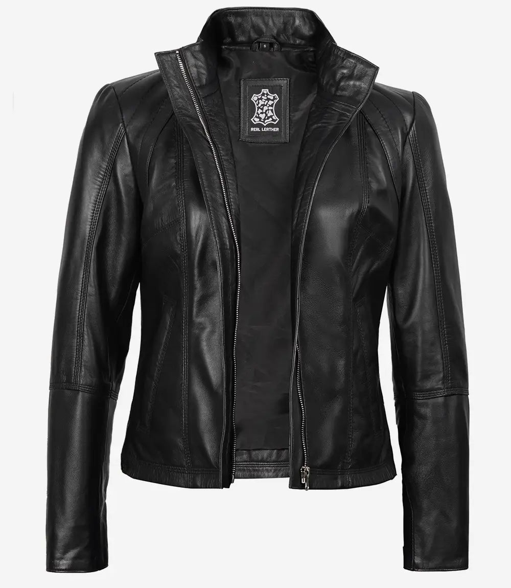 Veste de moto en cuir noir pour femme style Cafe Racer