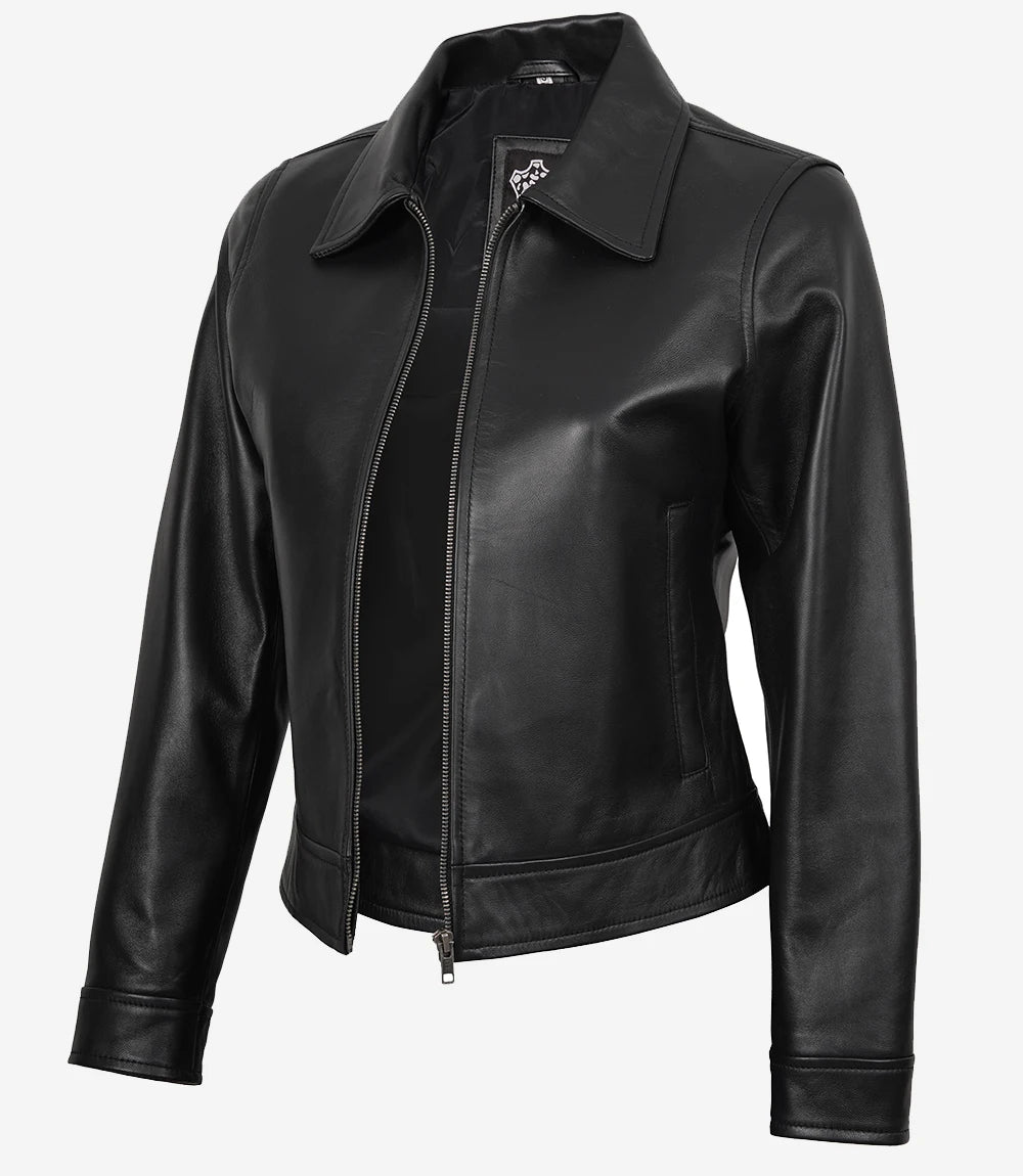 Femmes Noir Harrington Cuir Veste