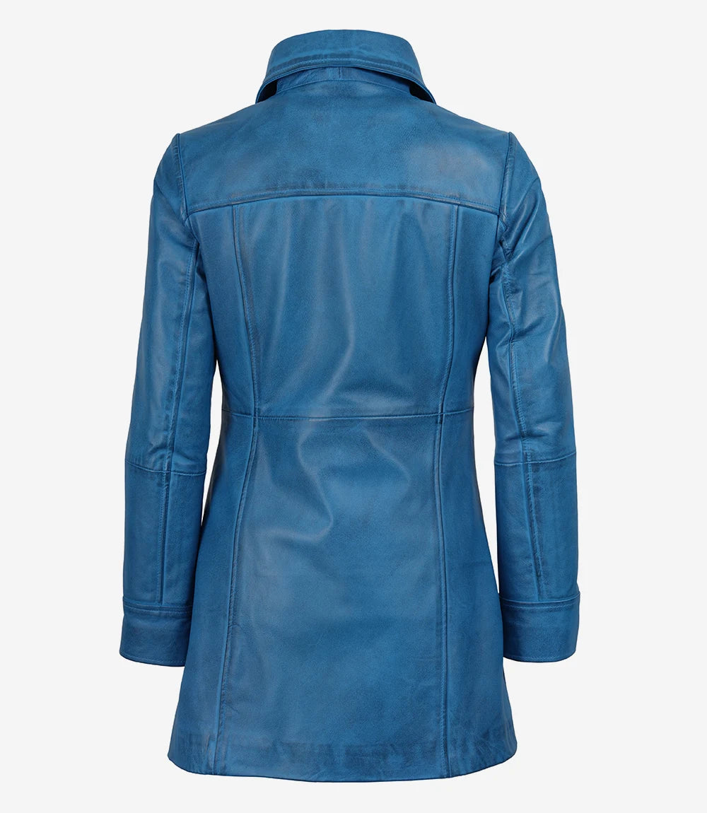 bleu longueur 3/4 Manteau en cuir d'agneau