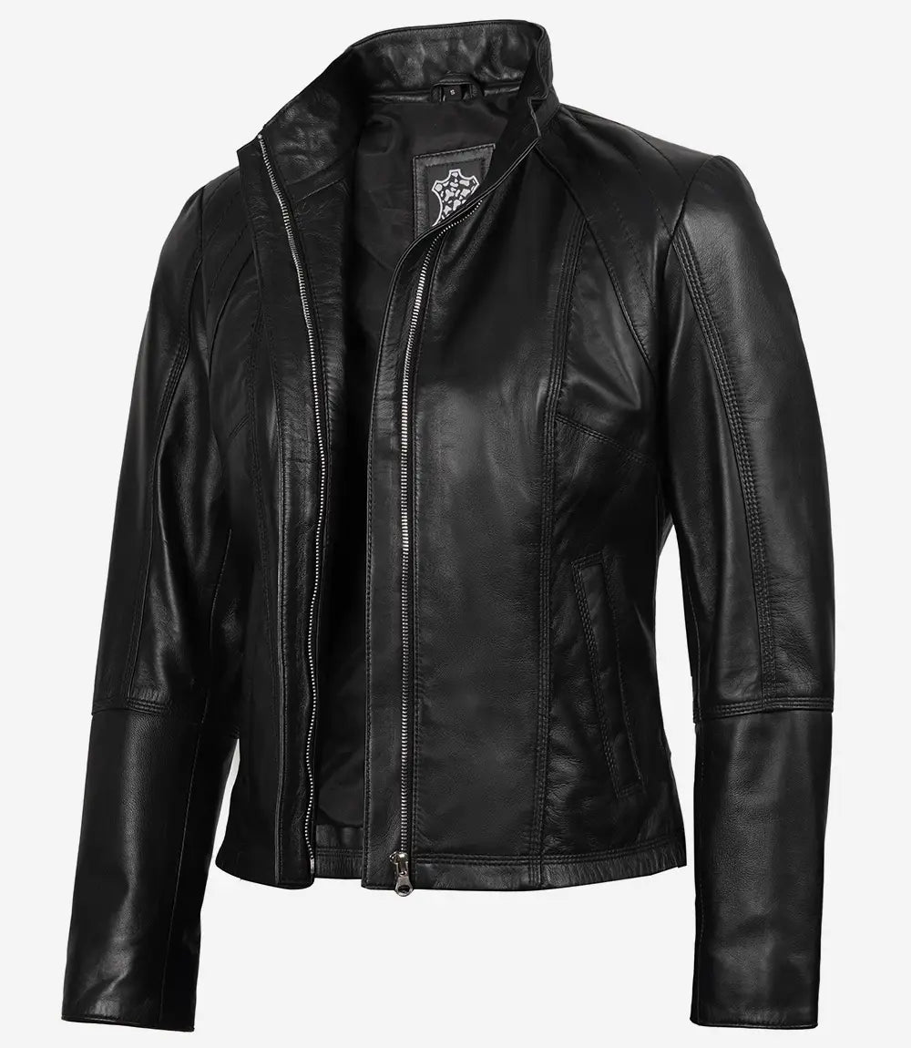 Veste de moto en cuir noir pour femme style Cafe Racer