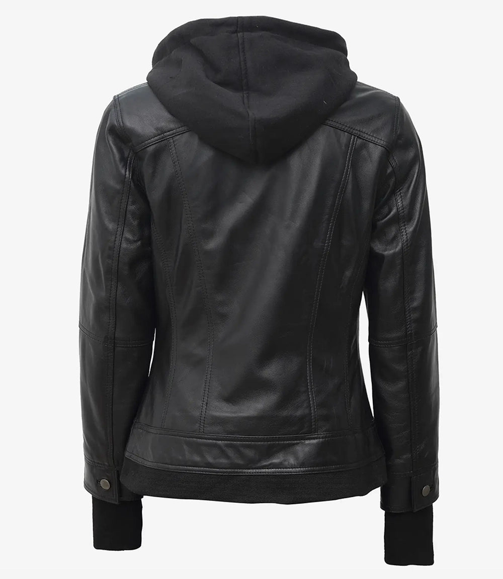 Veste de moto en cuir noir avec capuche pour femme