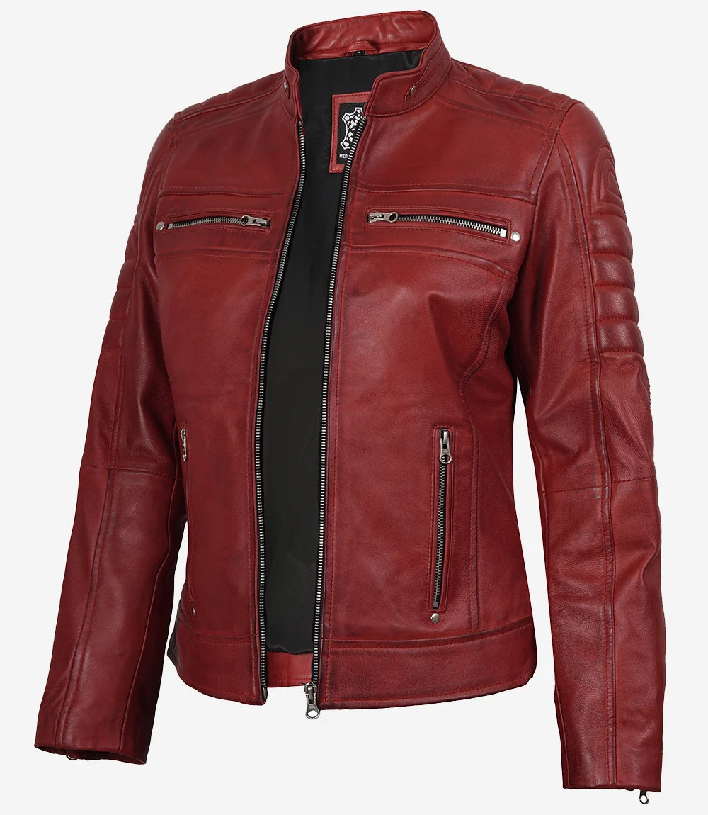 Austin Women Red Cafe Racer Leather Jacket