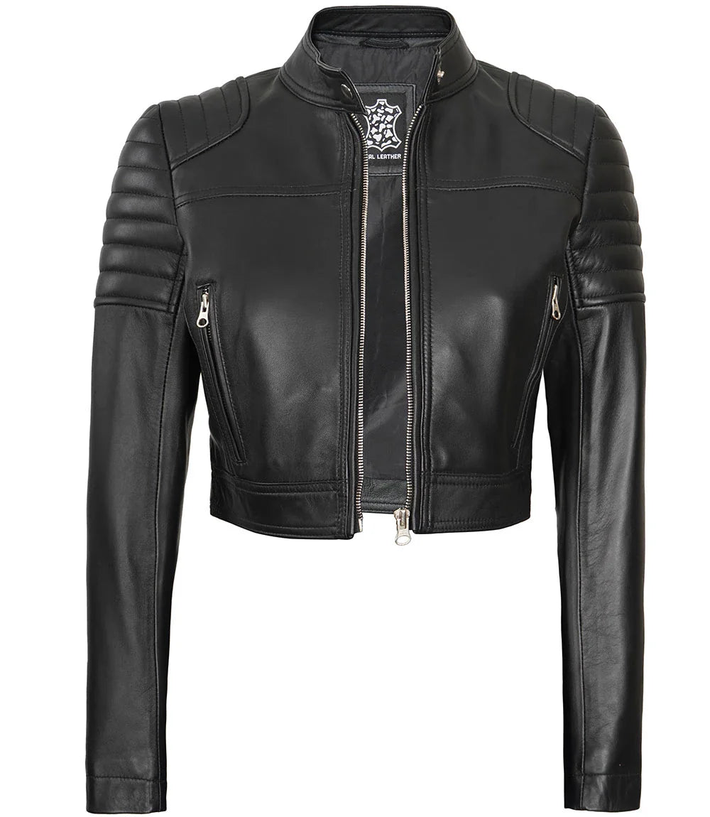 veste de moto courte en cuir noir pour femme