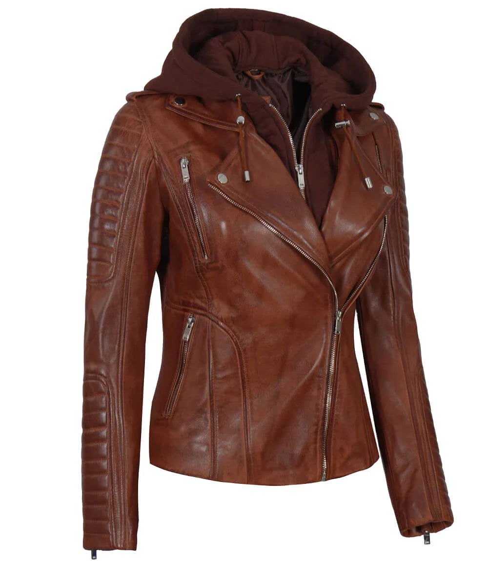 veste en cuir cognac pour femme avec capuche