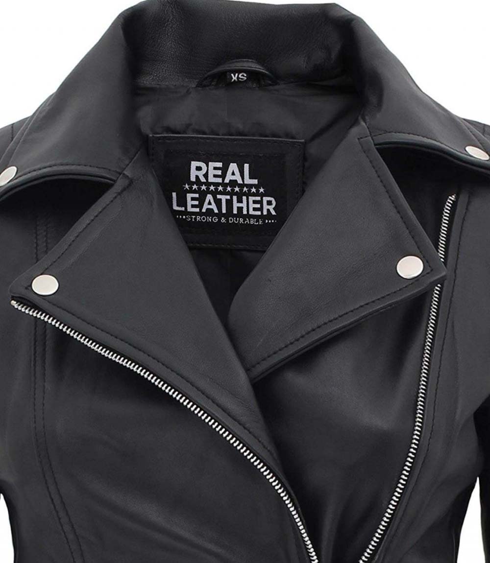Veste en cuir d'agneau véritable Biker noir avec fermeture éclair asymétrique pour femme