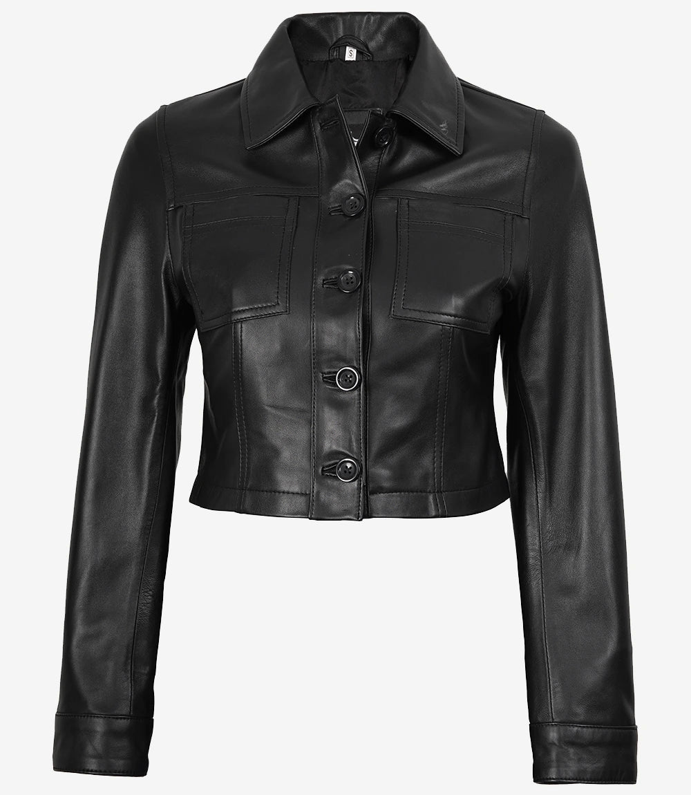 Veste courte en cuir Harrington noire pour femme Mable
